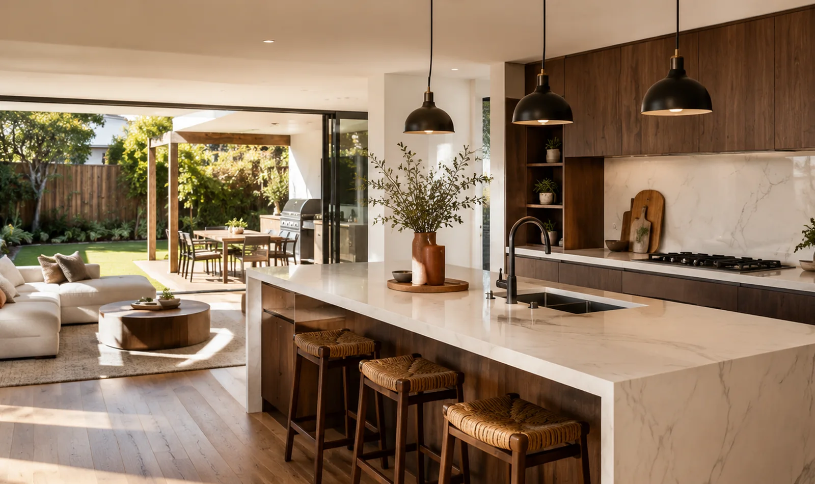 Modern renovated kitchen and living area representing Takshak Built renovation services